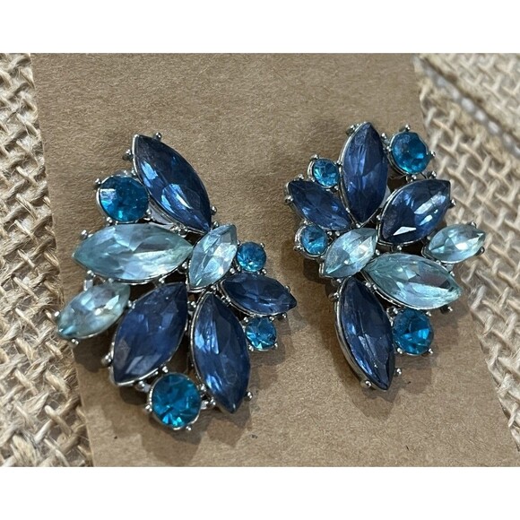 Blue Rhinestone Silver Tone Post Pierced Earrings Holiday Party Fairy Grunge - Picture 1 of 6